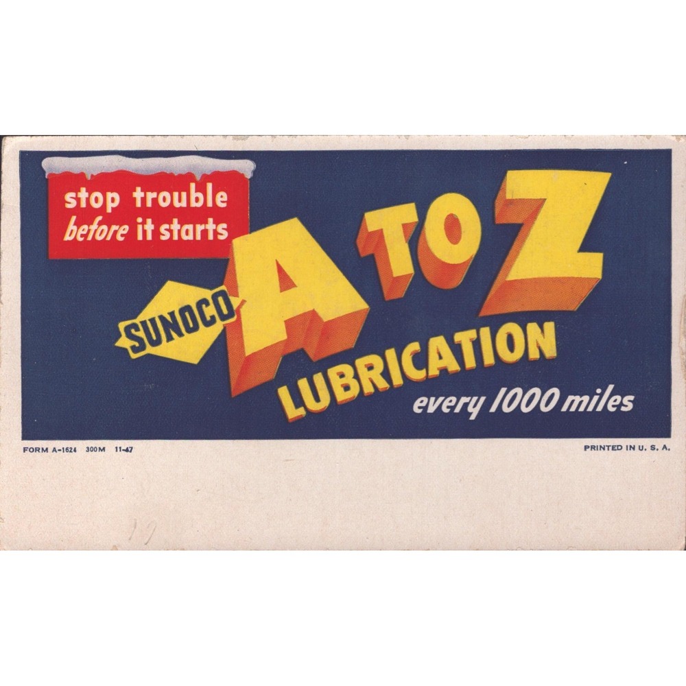 Vintage 1947 Sunoco A to Z Lubrication Advertising Card Gas Station Ephemera - Picture 1 of 2